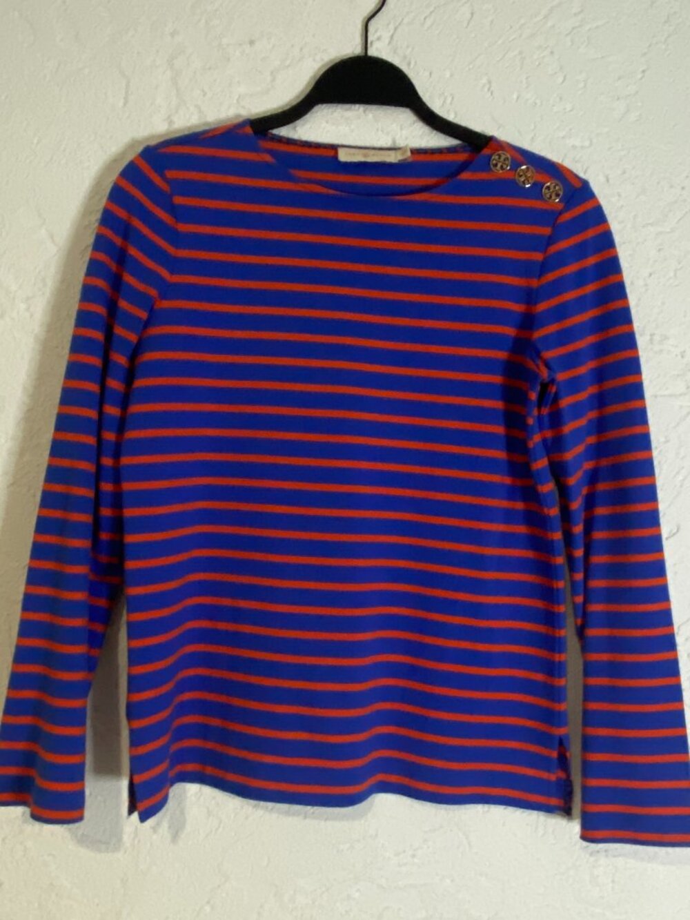 Tory Burch Logo Button Striped Long Sleeve Cotton Top Red Blue XS